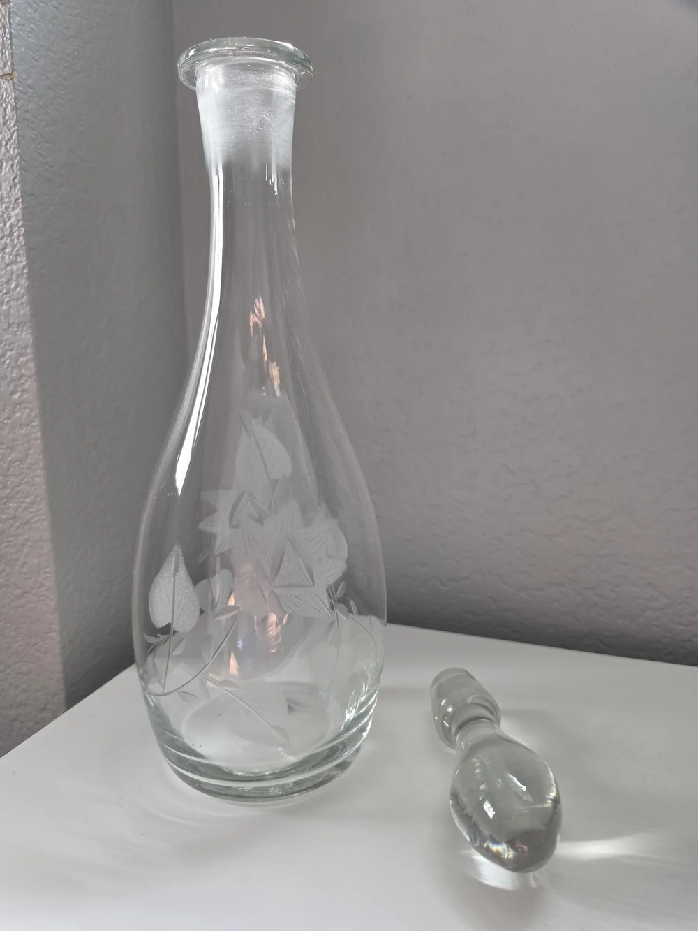 Vintage Romanian Etched Glass Decanter with Stopper - Clear